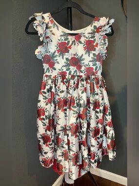 Girls White High Low Dress with Red Rose Print and Ruffle Sleeves
